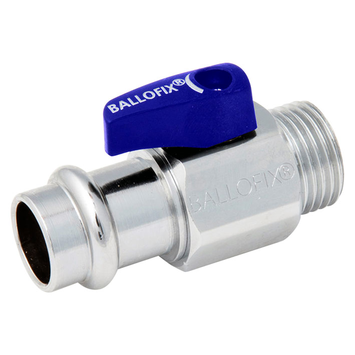 Ballofix Kugelhahn, Chrom, mit Griff blau, AG/Press V-Kontur